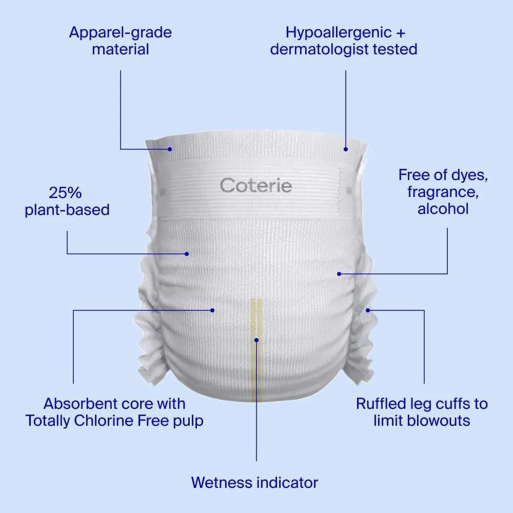 Coterie Baby Wipes   Diapers Kit, Size 1 (198 Count) & Size Newborn Diapers (93 Count), 4 Pack (224) Wipes with 99% Water, Plant Based Materials, Hypoallergenic for Sensitive Skin, Baby Essentials