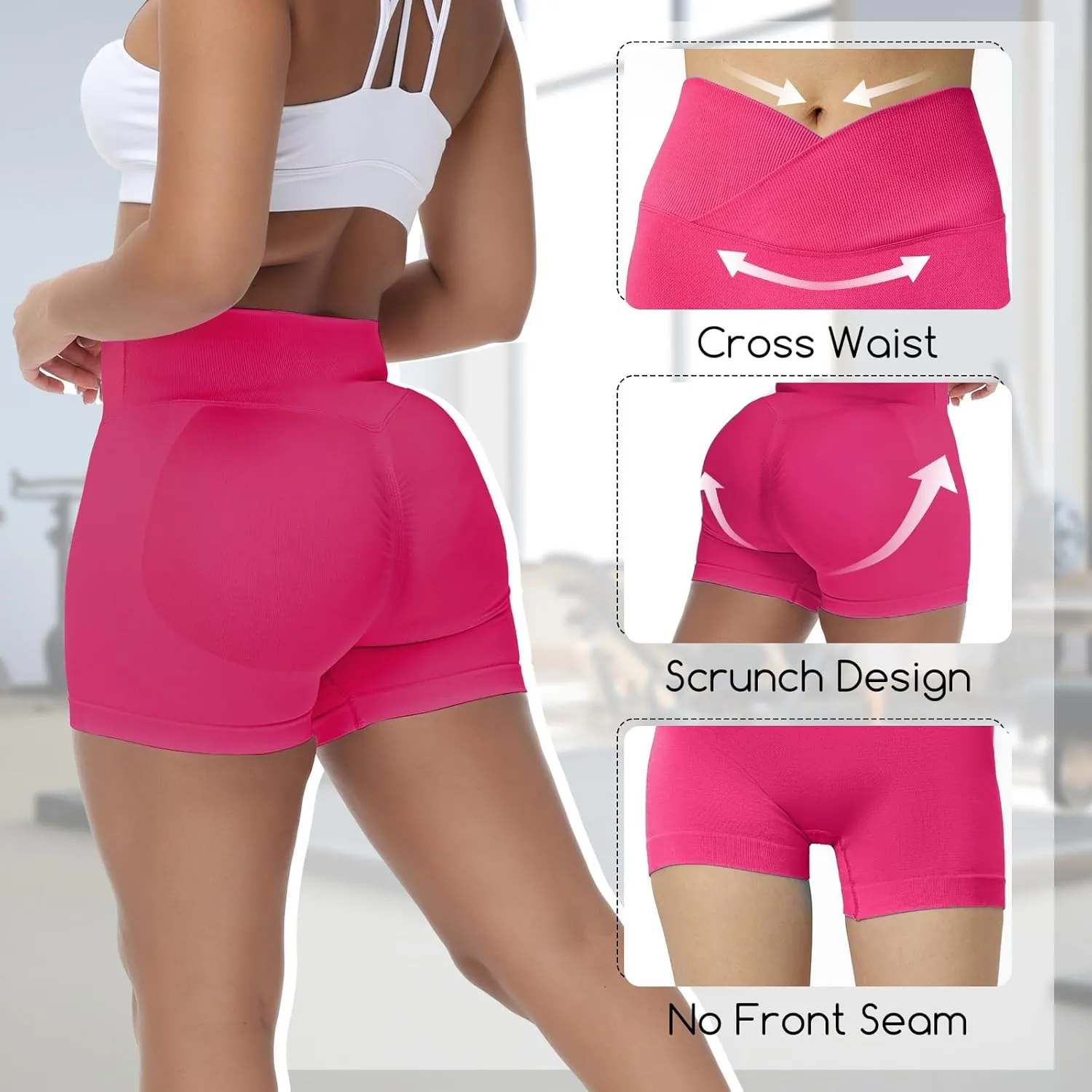 Coume 3 Pack Workout Shorts for Women Waist Seamless High Cross Scrunch Butt Lifting Biker Gym Yoga Athletic Booty Shorts