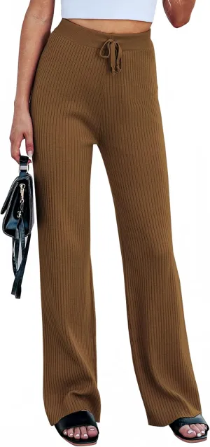Cowasto Women's Casual Ribbed Knit Pants Elastic Waist Tie Front Wide Leg Sweater Pants