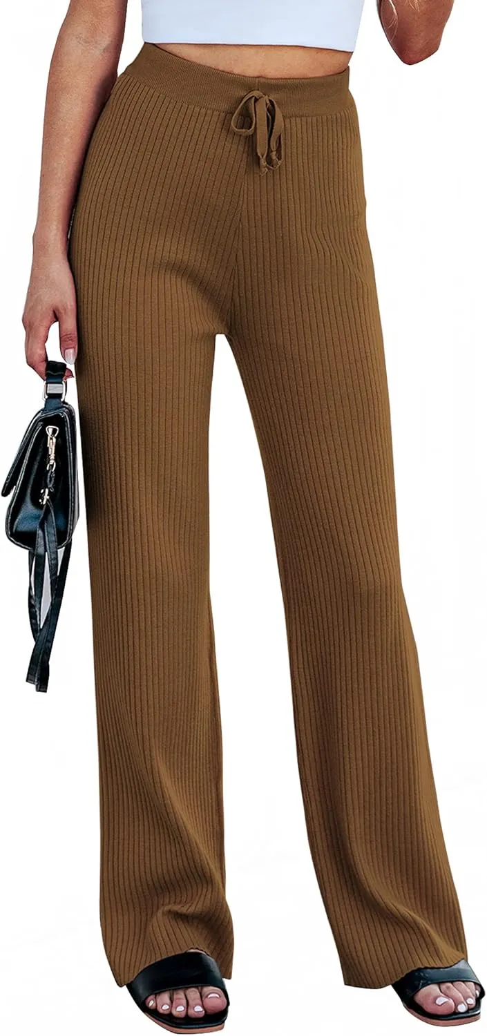 Cowasto Women's Casual Ribbed Knit Pants Elastic Waist Tie Front Wide Leg Sweater Pants