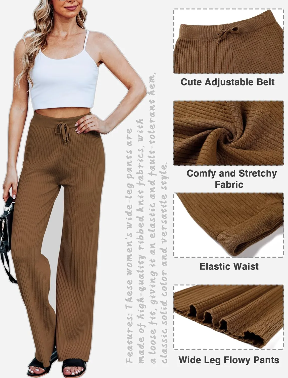 Cowasto Women's Casual Ribbed Knit Pants Elastic Waist Tie Front Wide Leg Sweater Pants