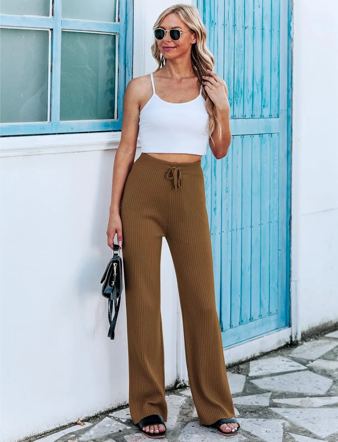 Cowasto Women's Casual Ribbed Knit Pants Elastic Waist Tie Front Wide Leg Sweater Pants