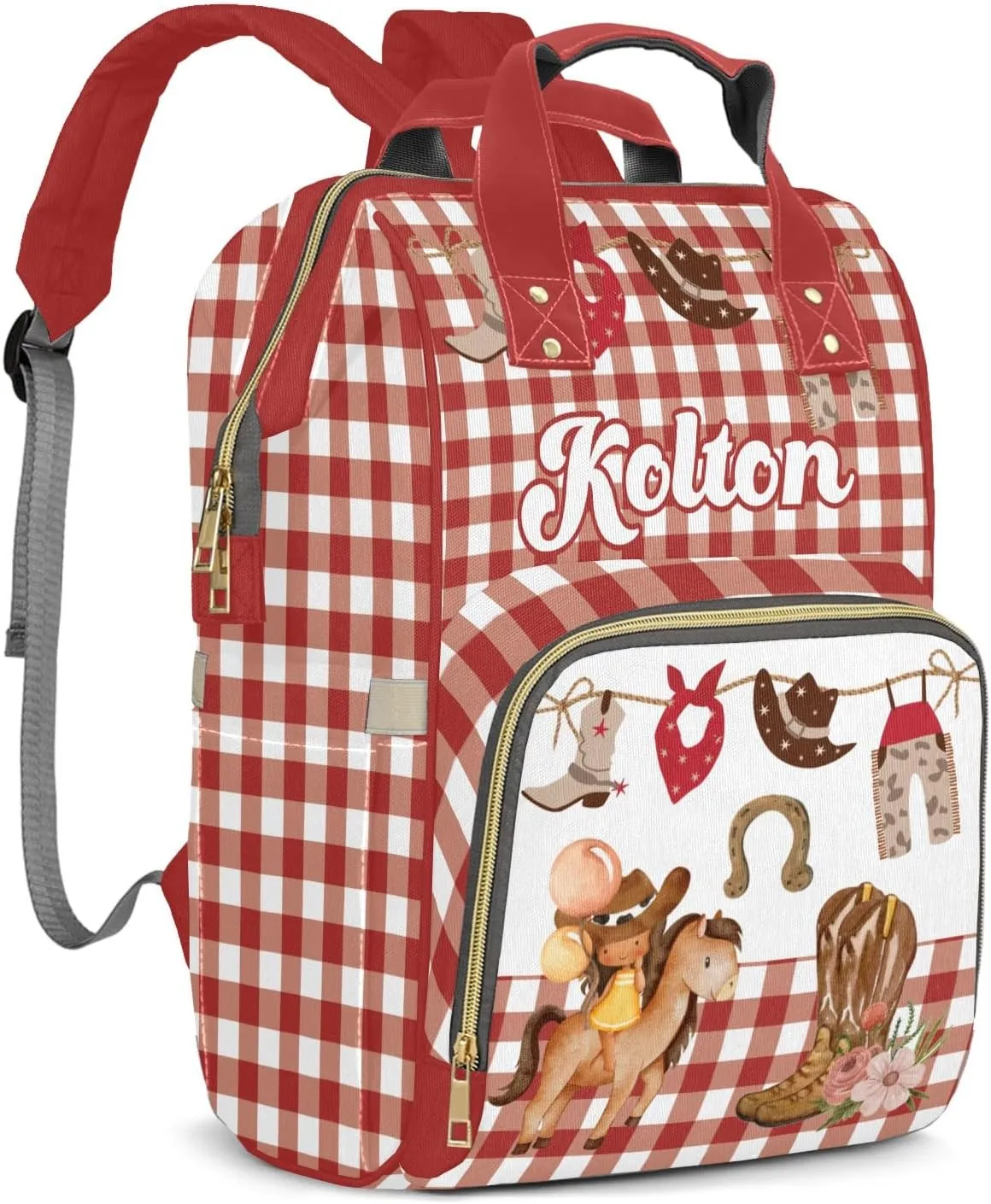 Cowgirl Rodeo Western Plaid Red Personalized Large Capacity Diaper Bags,Custom Name Backpack Casual Daypack Bag Nappy Bag Gifts, Design 10, SFA055SS