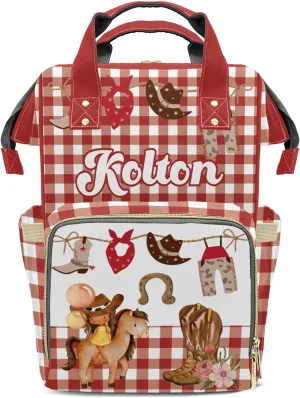 Cowgirl Rodeo Western Plaid Red Personalized Large Capacity Diaper Bags,Custom Name Backpack Casual Daypack Bag Nappy Bag Gifts, Design 10, SFA055SS