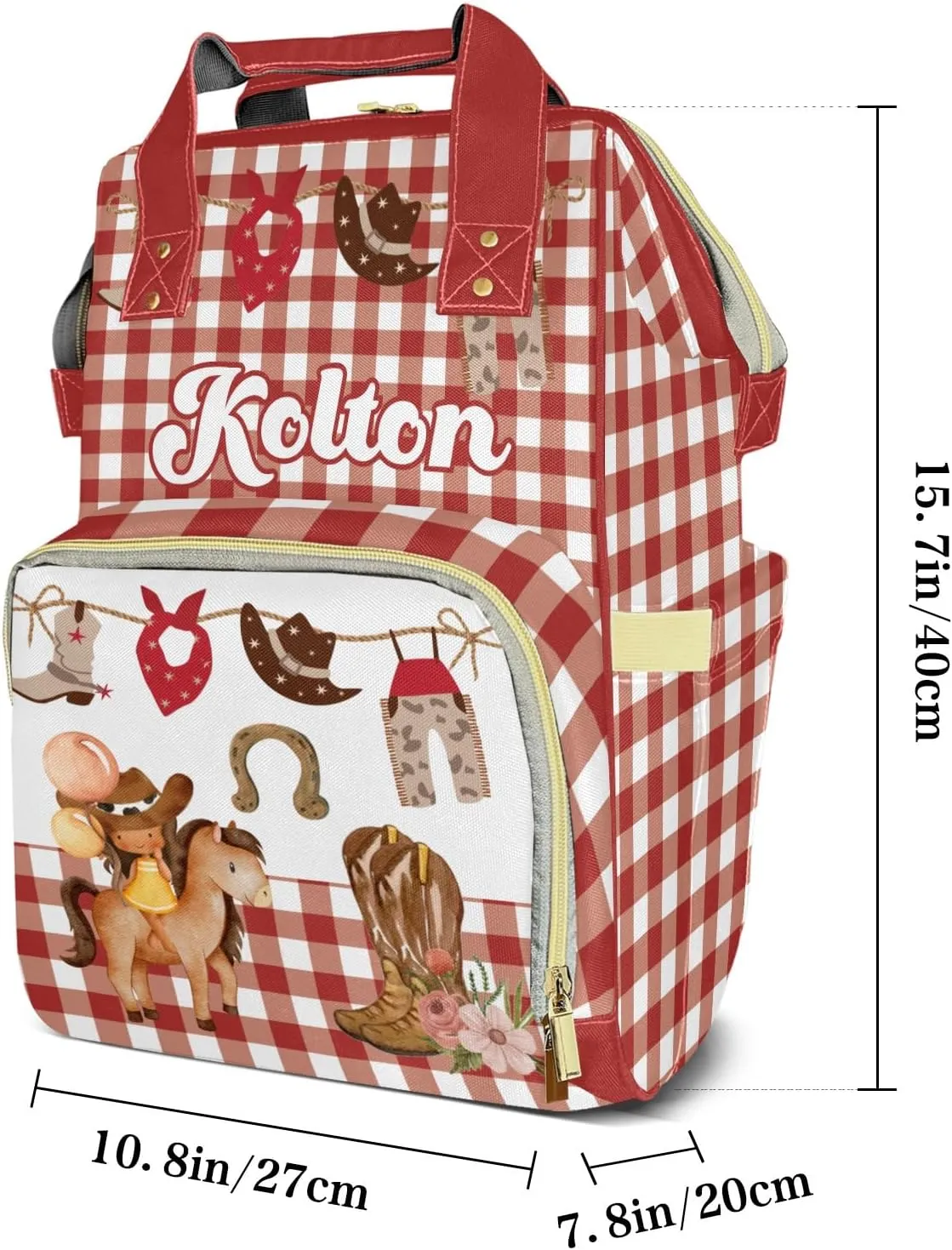 Cowgirl Rodeo Western Plaid Red Personalized Large Capacity Diaper Bags,Custom Name Backpack Casual Daypack Bag Nappy Bag Gifts, Design 10, SFA055SS