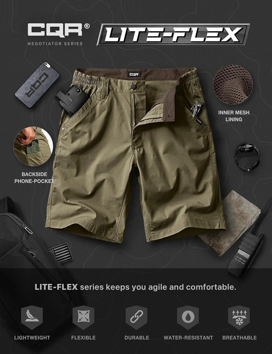 CQR Men's Flex Casual Cargo Shorts, Lightweight Water Resistant Golf Shorts, Stretch Tactical Work Shorts with Multi-Pocket