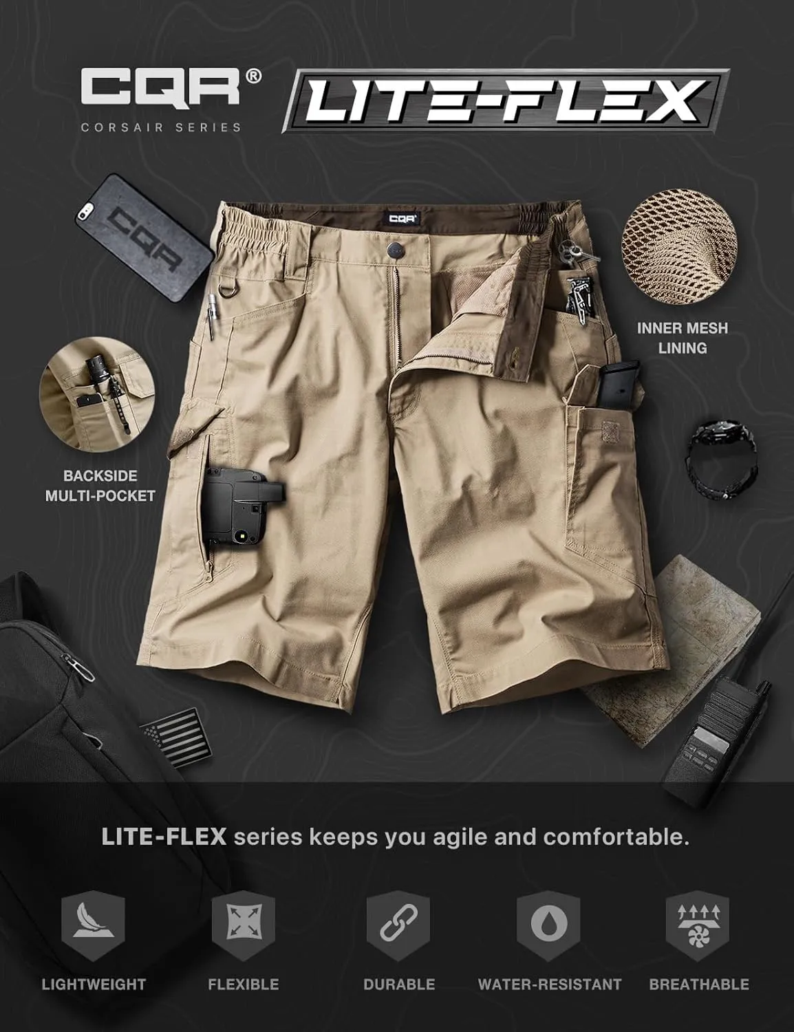 CQR Men's Flex Casual Cargo Shorts, Lightweight Water Resistant Golf Shorts, Stretch Tactical Work Shorts with Multi-Pocket