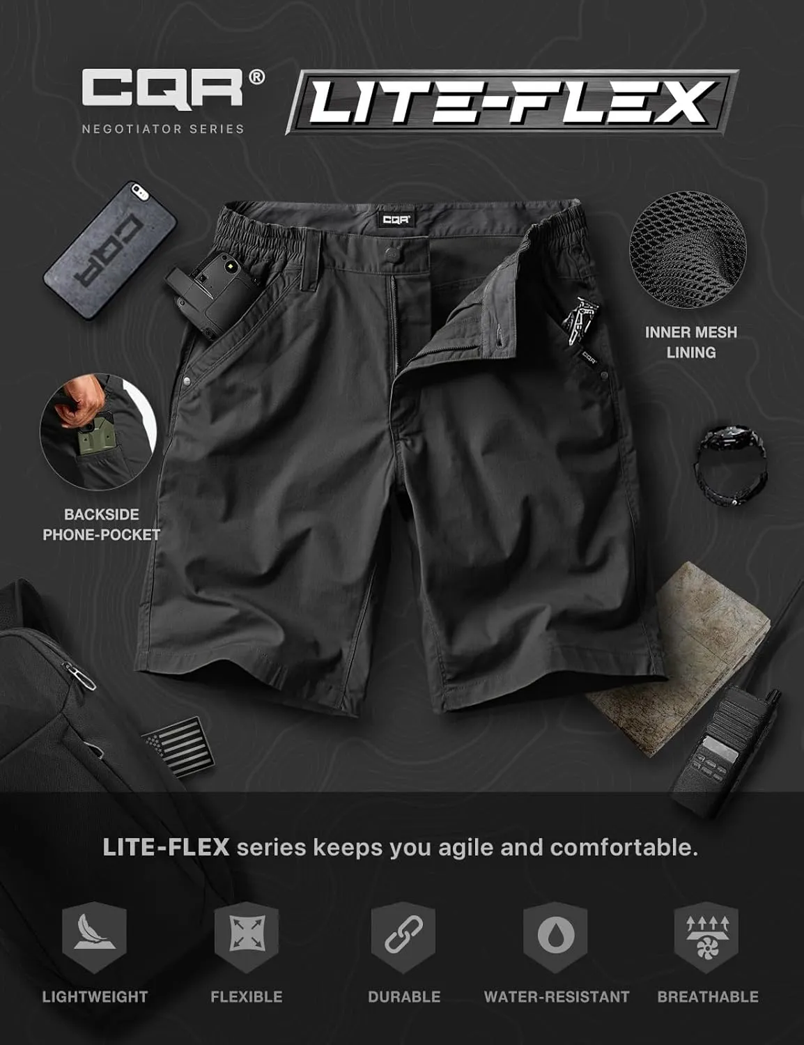 CQR Men's Flex Casual Cargo Shorts, Lightweight Water Resistant Golf Shorts, Stretch Tactical Work Shorts with Multi-Pocket