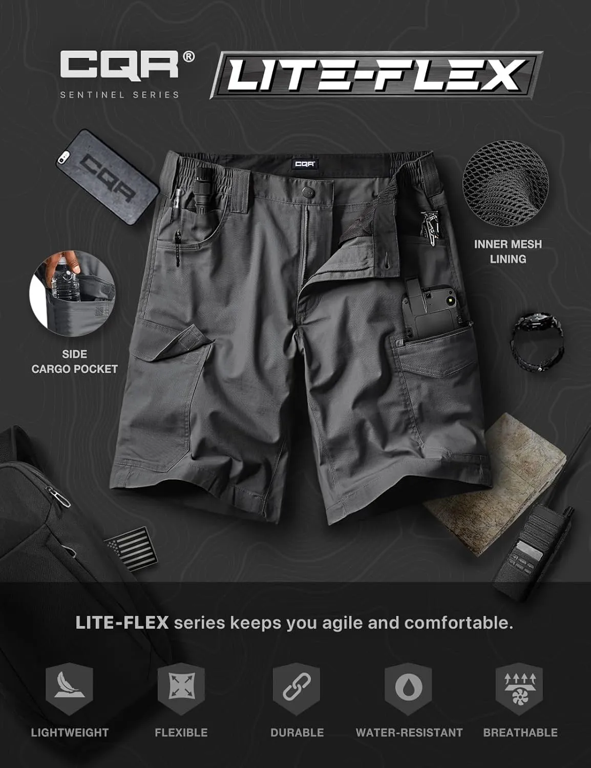 CQR Men's Flex Casual Cargo Shorts, Lightweight Water Resistant Golf Shorts, Stretch Tactical Work Shorts with Multi-Pocket