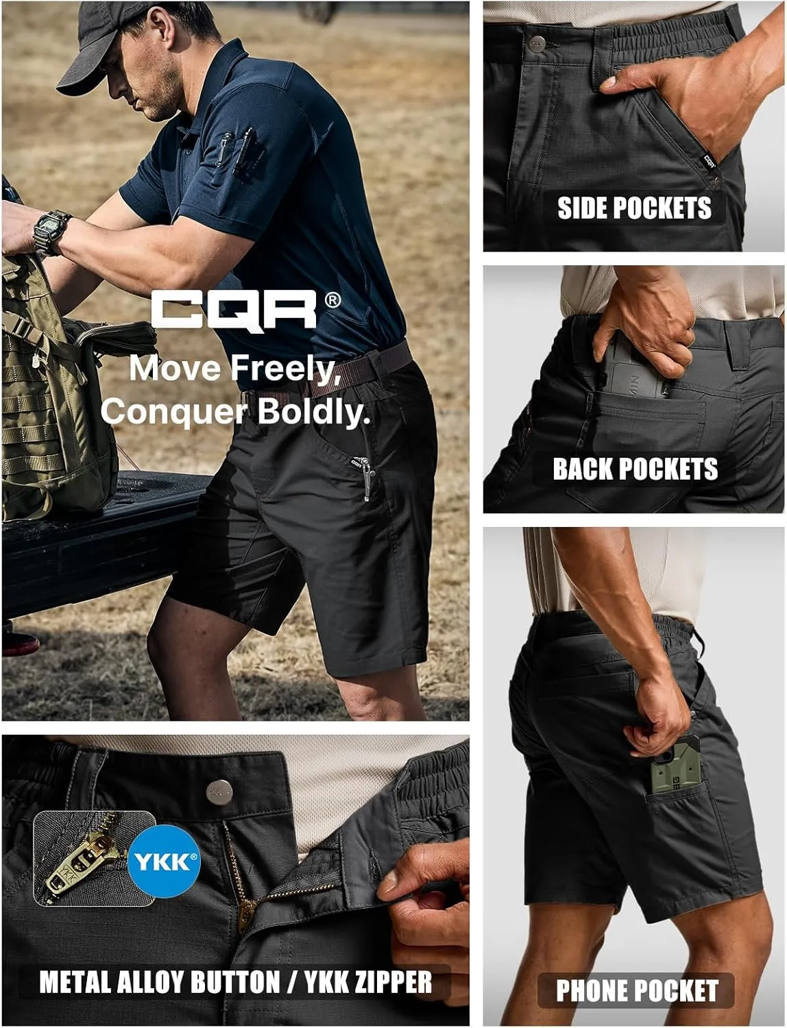 CQR Men's Flex Casual Cargo Shorts, Lightweight Water Resistant Golf Shorts, Stretch Tactical Work Shorts with Multi-Pocket