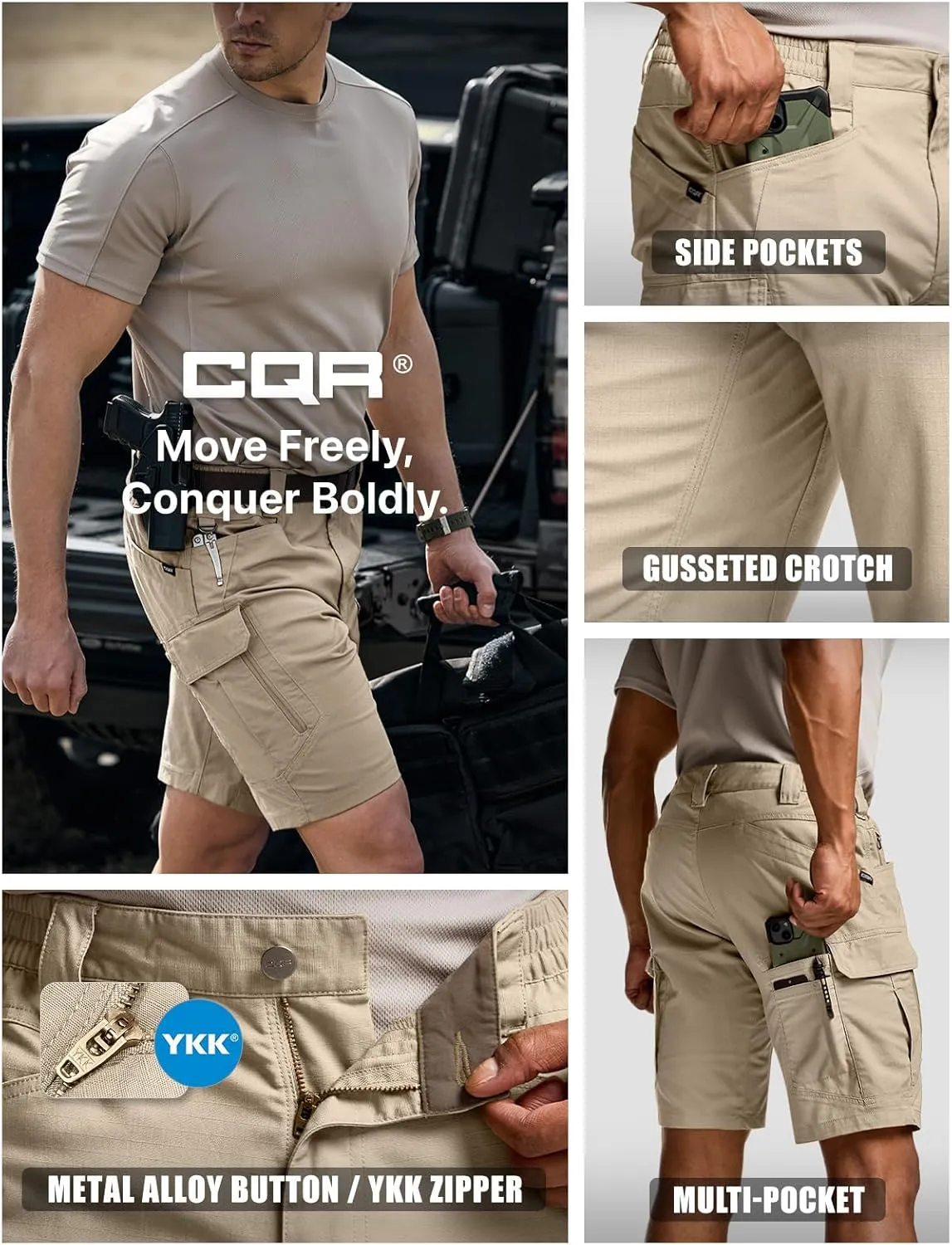 CQR Men's Flex Casual Cargo Shorts, Lightweight Water Resistant Golf Shorts, Stretch Tactical Work Shorts with Multi-Pocket