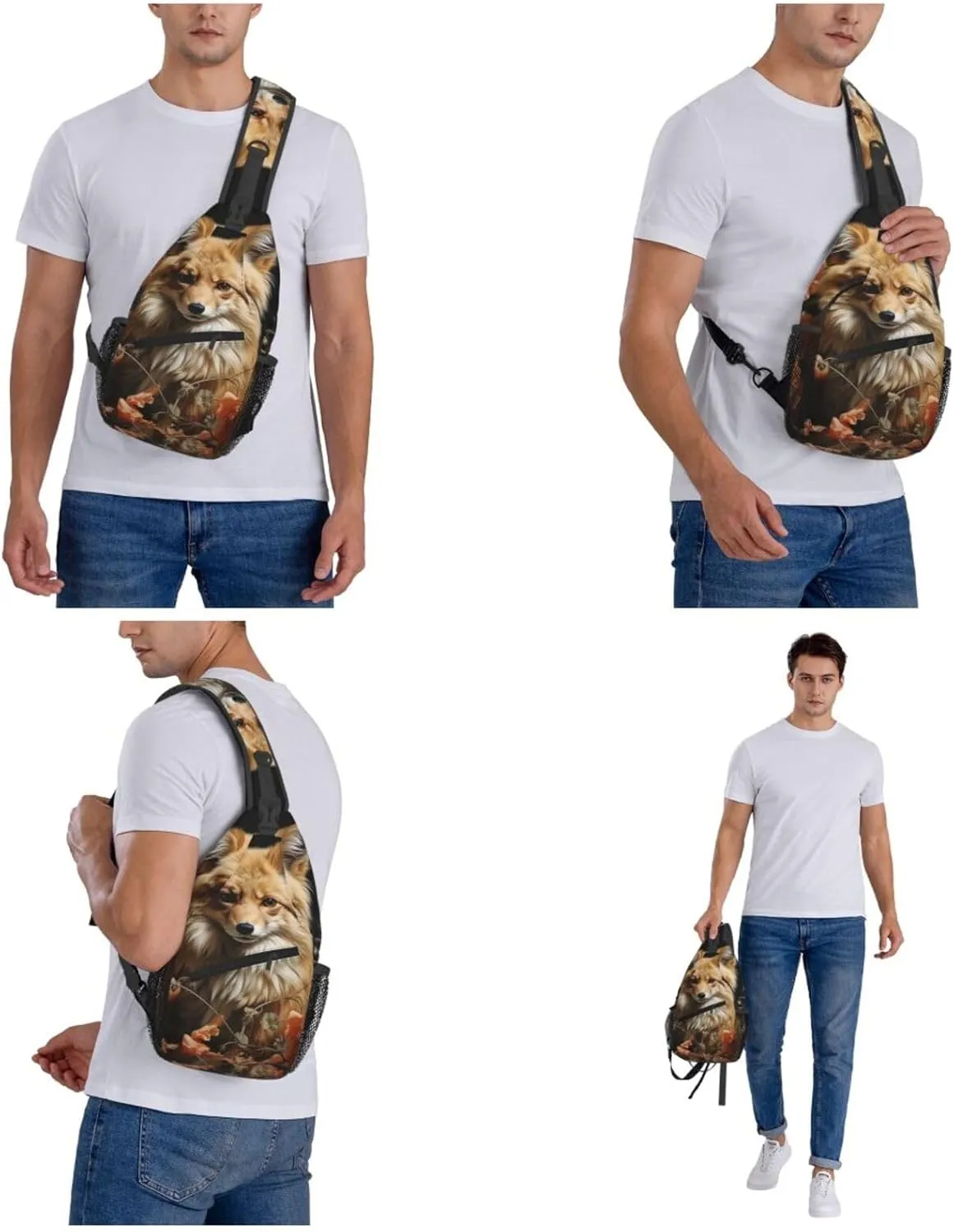 Crossbody Bag for Women Men Flowers and Fox Chest Bag Crossbody Sling Bag Adjustable Shoulder Bag