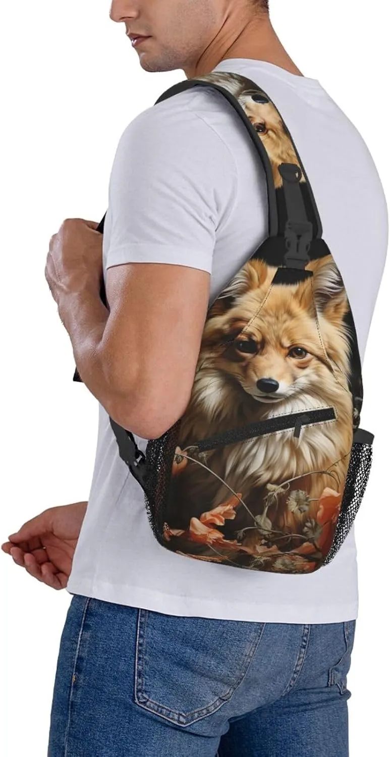 Crossbody Bag for Women Men Flowers and Fox Chest Bag Crossbody Sling Bag Adjustable Shoulder Bag