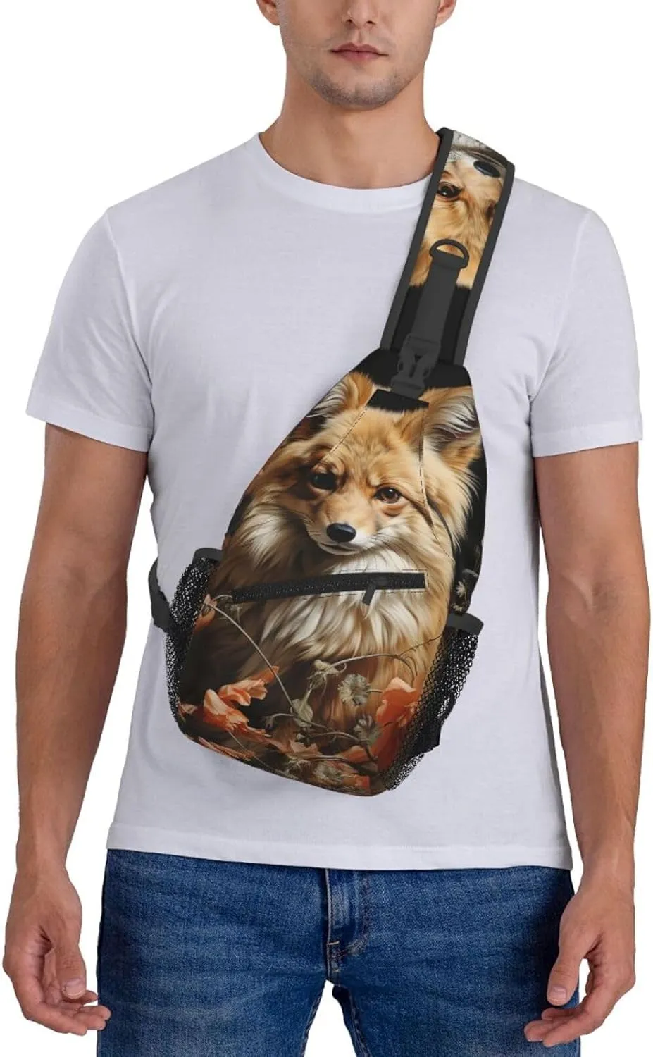 Crossbody Bag for Women Men Flowers and Fox Chest Bag Crossbody Sling Bag Adjustable Shoulder Bag