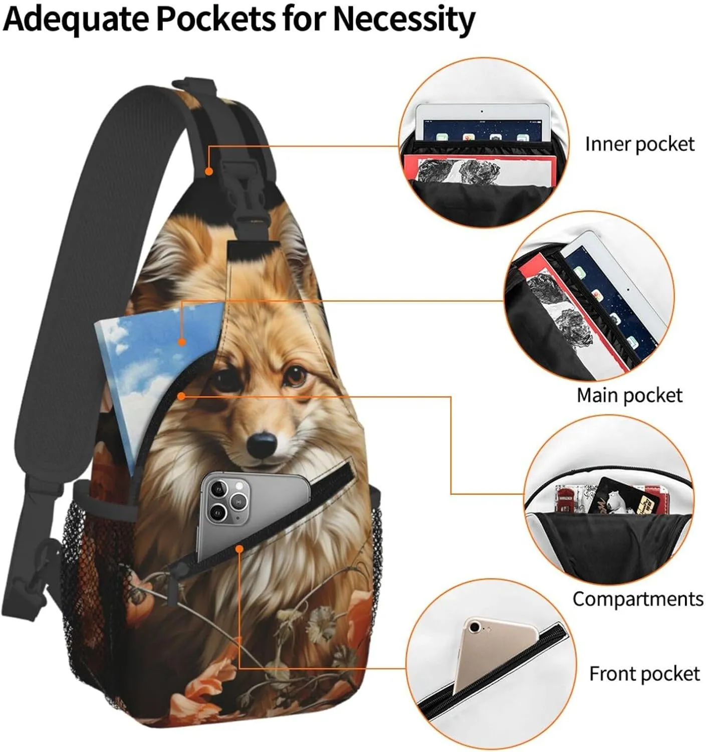 Crossbody Bag for Women Men Flowers and Fox Chest Bag Crossbody Sling Bag Adjustable Shoulder Bag