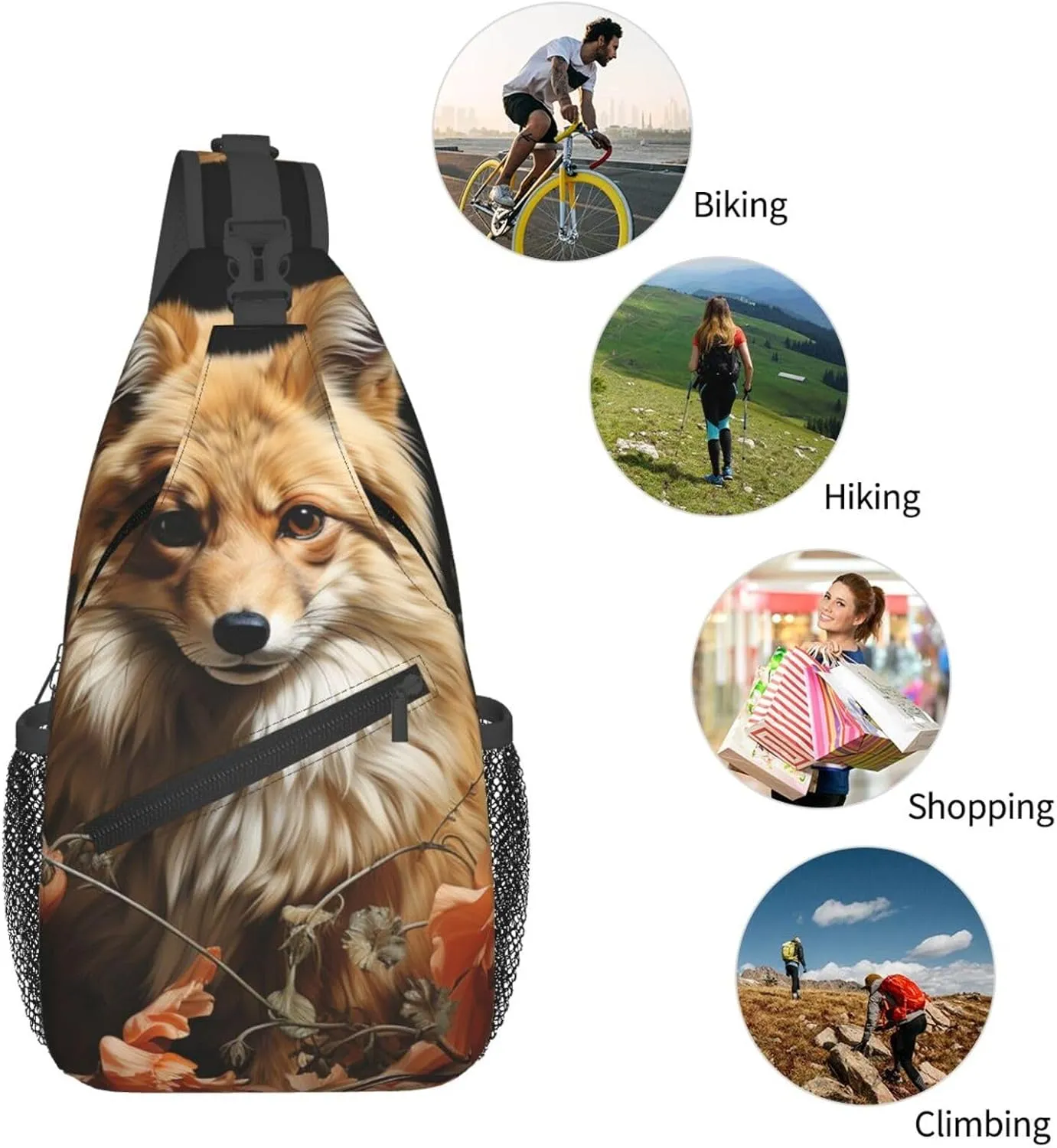 Crossbody Bag for Women Men Flowers and Fox Chest Bag Crossbody Sling Bag Adjustable Shoulder Bag