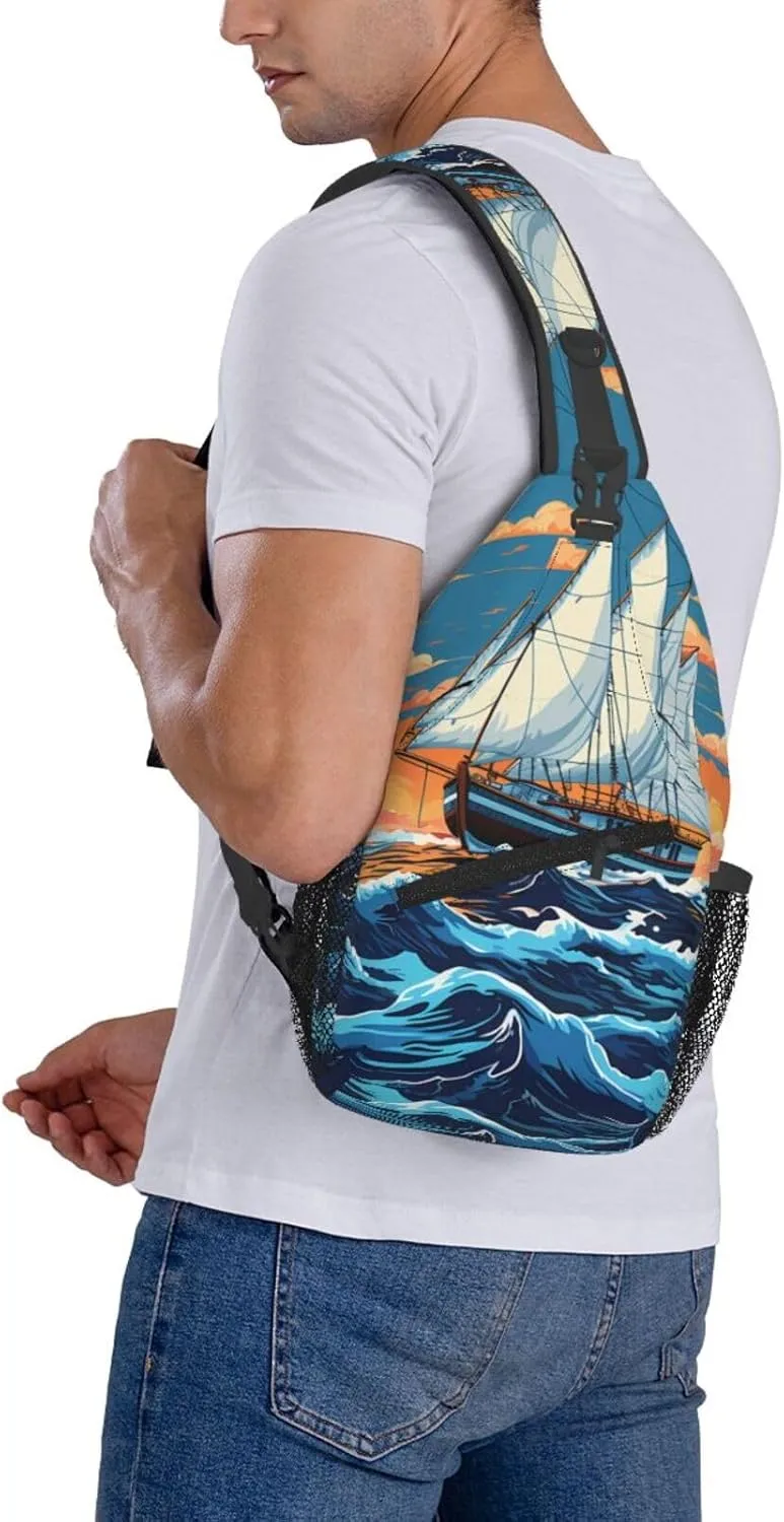 Crossbody Bag for Women Men Sailing Boat Illustration Chest Bag Crossbody Sling Bag Adjustable Shoulder Bag