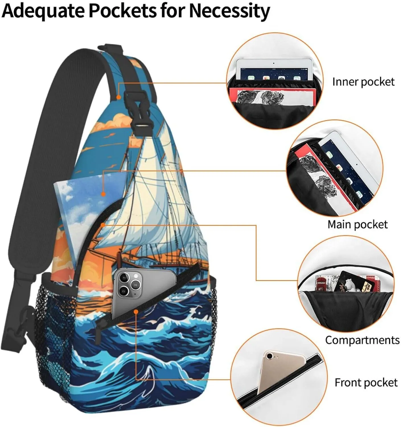 Crossbody Bag for Women Men Sailing Boat Illustration Chest Bag Crossbody Sling Bag Adjustable Shoulder Bag
