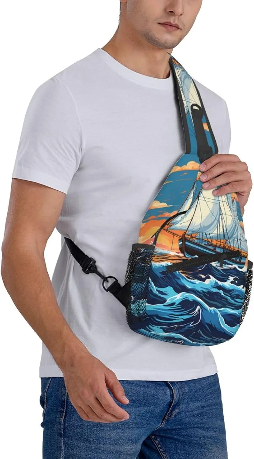 Crossbody Bag for Women Men Sailing Boat Illustration Chest Bag Crossbody Sling Bag Adjustable Shoulder Bag