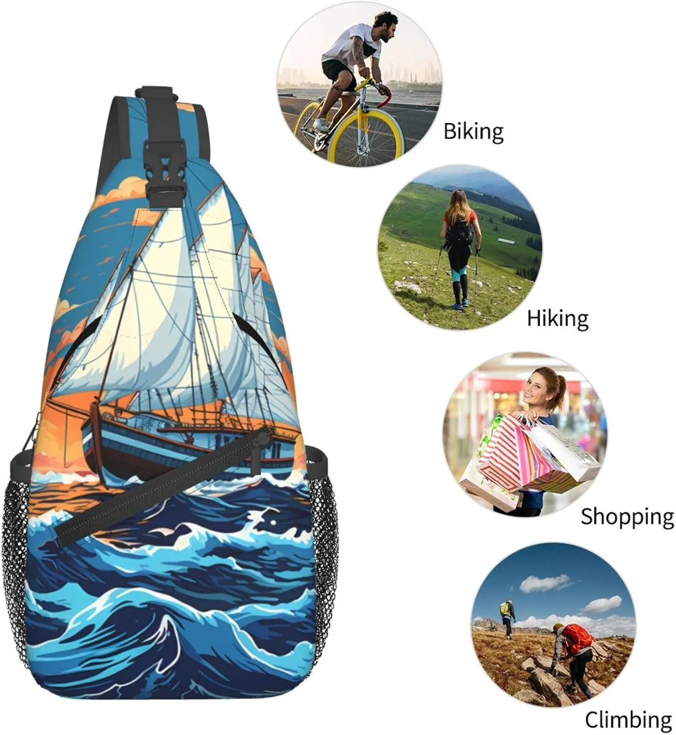 Crossbody Bag for Women Men Sailing Boat Illustration Chest Bag Crossbody Sling Bag Adjustable Shoulder Bag