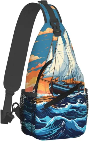 Crossbody Bag for Women Men Sailing Boat Illustration Chest Bag Crossbody Sling Bag Adjustable Shoulder Bag