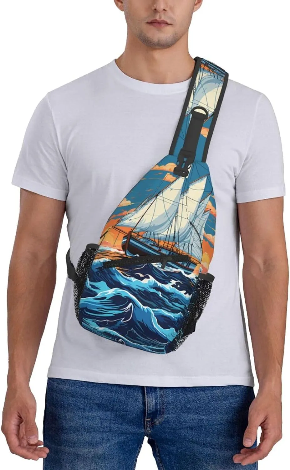 Crossbody Bag for Women Men Sailing Boat Illustration Chest Bag Crossbody Sling Bag Adjustable Shoulder Bag