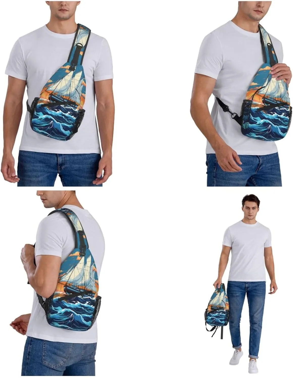 Crossbody Bag for Women Men Sailing Boat Illustration Chest Bag Crossbody Sling Bag Adjustable Shoulder Bag