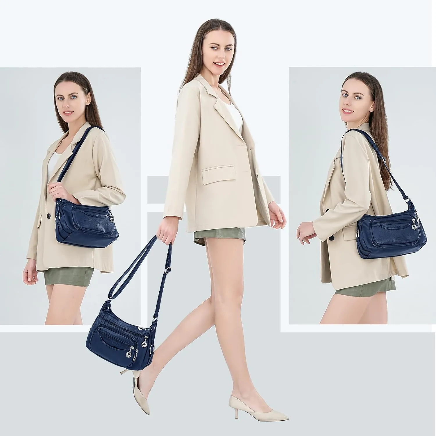 Crossbody Bag for Women Multi Pocket PU Leather Shoulder Handbag Large Capacity Lightweight Purse for Daily Use
