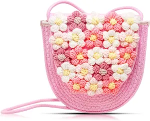 Crossbody bag for women, Pink Purse, Hand-woven Tote Bag, Cute Flowers Knitted Cotton Thread Handbags