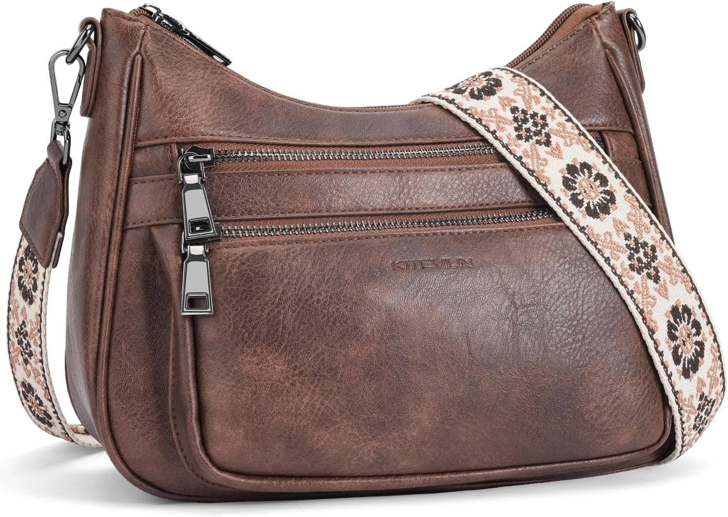 Crossbody Bags for Women Leather Purse Trendy Multi Pocket Shoulder Handbags with Adjustable Guitar Strap