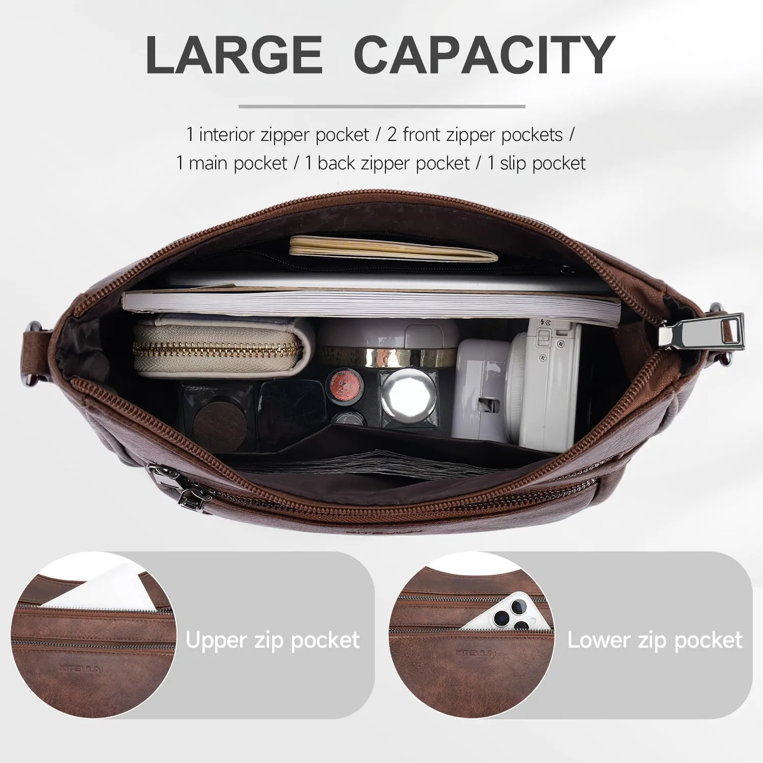 Crossbody Bags for Women Leather Purse Trendy Multi Pocket Shoulder Handbags with Adjustable Guitar Strap
