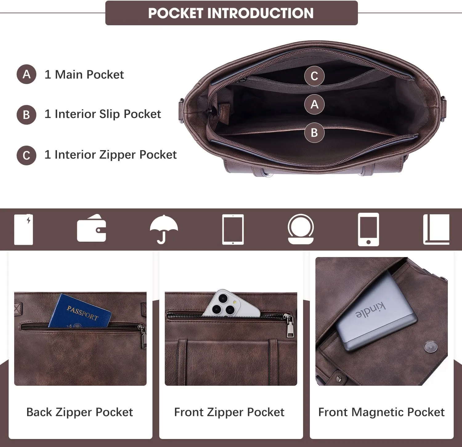 Crossbody Bags for Women,Multi Pocket Crossbody Purses Vegan Leather Shoulder Handbags Travel Purse Adjustable Strap