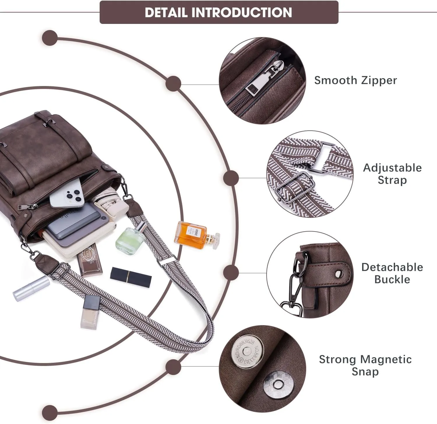 Crossbody Bags for Women,Multi Pocket Crossbody Purses Vegan Leather Shoulder Handbags Travel Purse Adjustable Strap