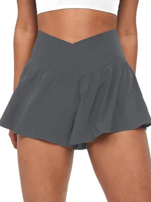 Crossover Flowy Shorts for Women 2 in 1 Athletic Butterfly Running Shorts Tennis Gym Workout Skort with Pocket