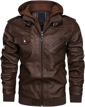 CRYSULLY Men's Leather Jacket-Fall Winter Vintage Motorcycle Biker Jacket with Removable Hood