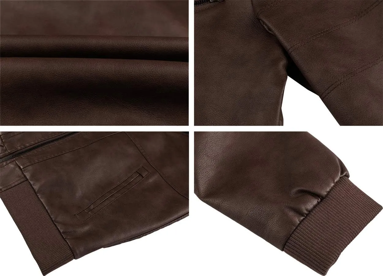 CRYSULLY Men's Leather Jacket-Fall Winter Vintage Motorcycle Biker Jacket with Removable Hood