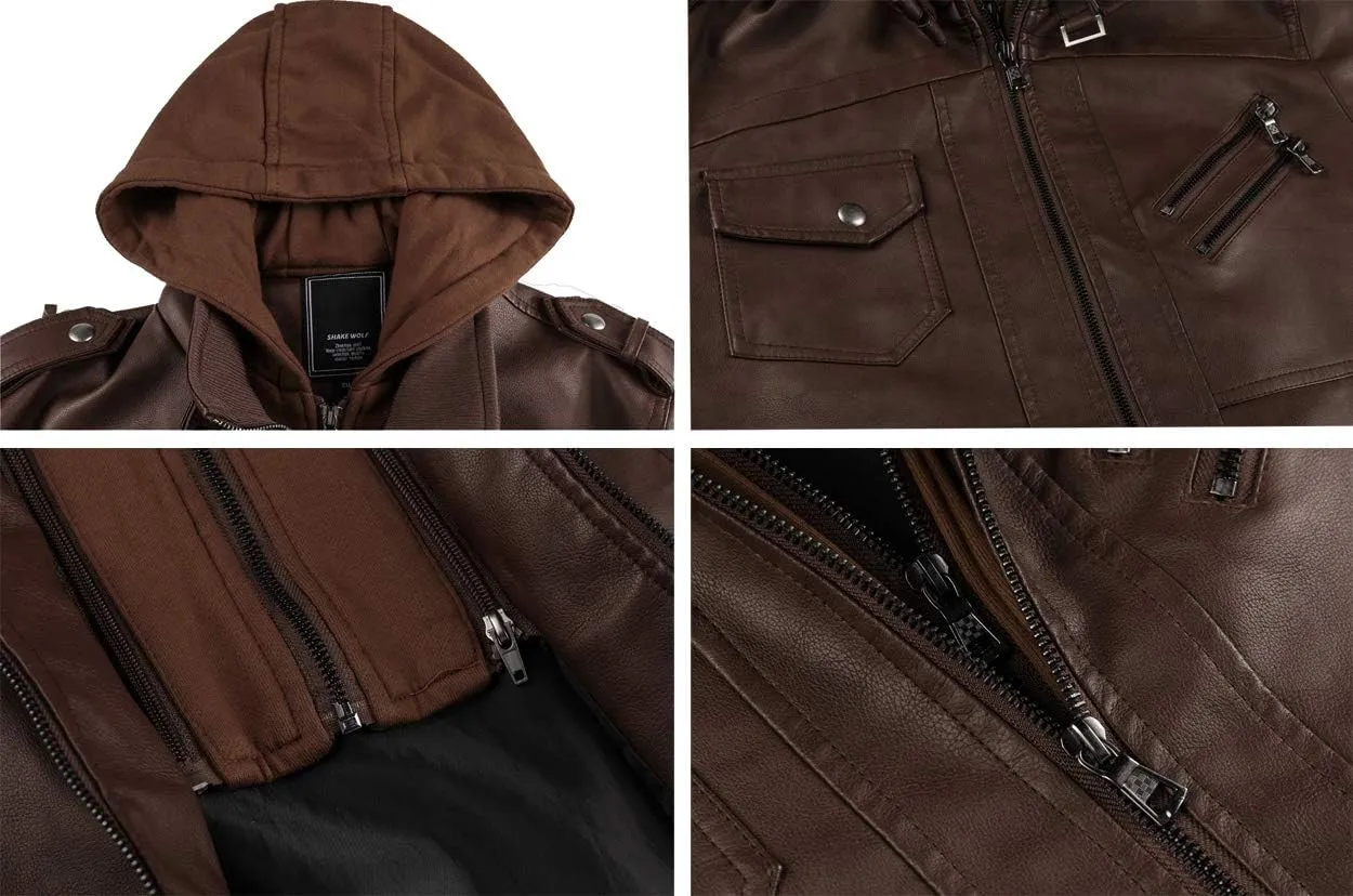 CRYSULLY Men's Leather Jacket-Fall Winter Vintage Motorcycle Biker Jacket with Removable Hood