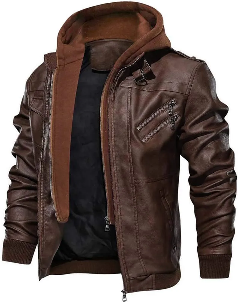 CRYSULLY Men's Leather Jacket-Fall Winter Vintage Motorcycle Biker Jacket with Removable Hood