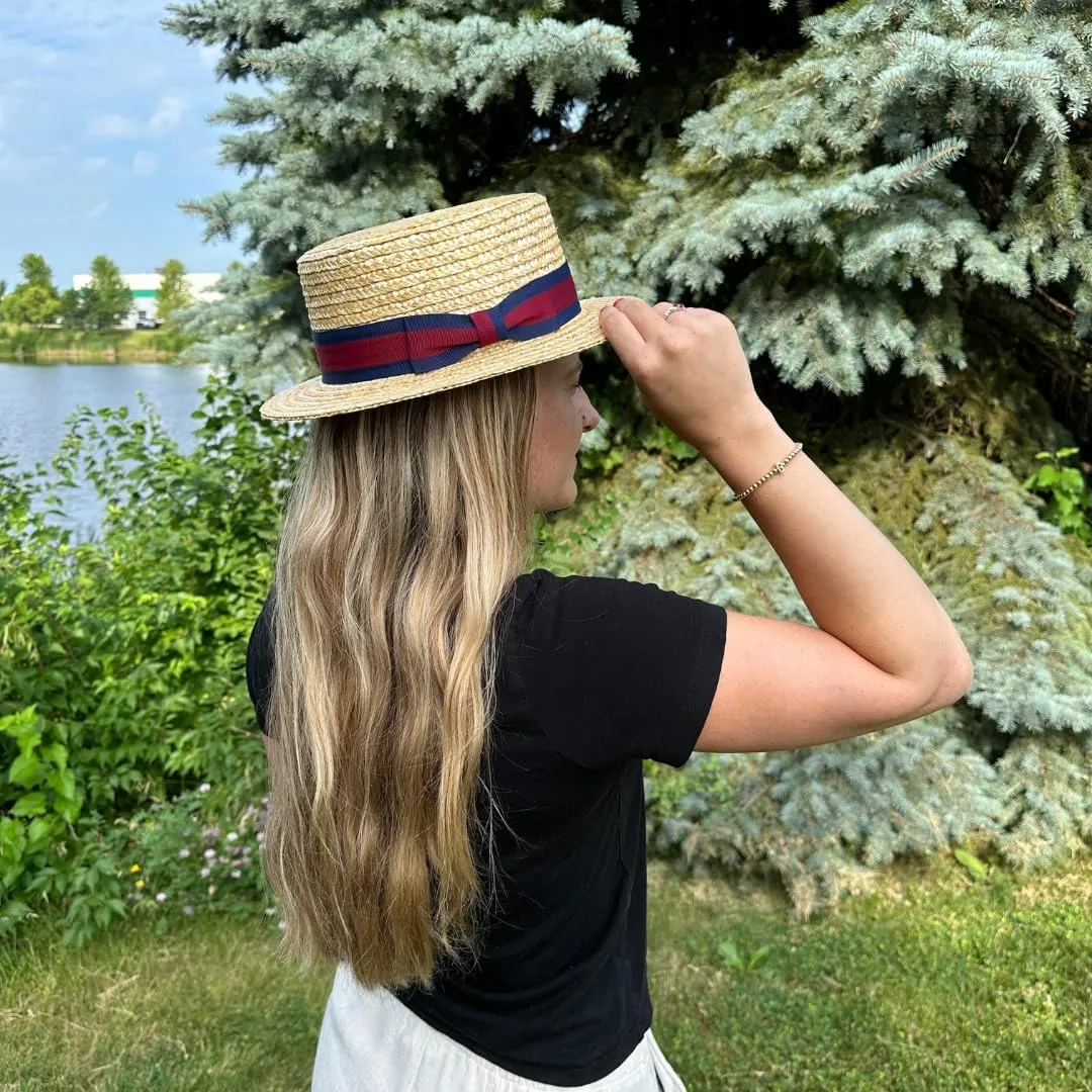 CTM Straw 2 Inch Brim Boater Hat with Navy Band and Elastic Sweatband