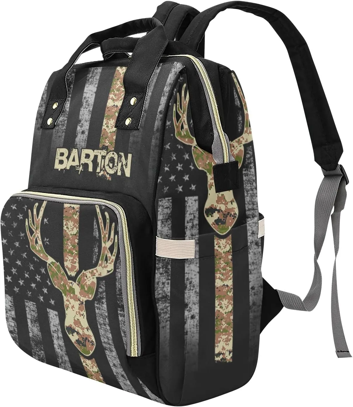 Custom Diaper Bag Backpack - Camo Flag Deer Black Baby Girl Diaper Bag Backpack for Dad Boy Men with Name