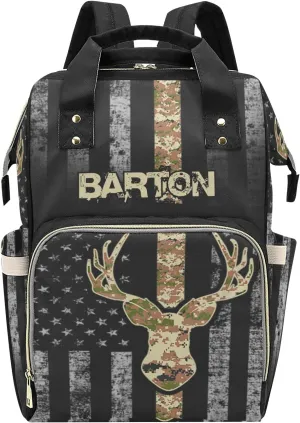 Custom Diaper Bag Backpack - Camo Flag Deer Black Baby Girl Diaper Bag Backpack for Dad Boy Men with Name