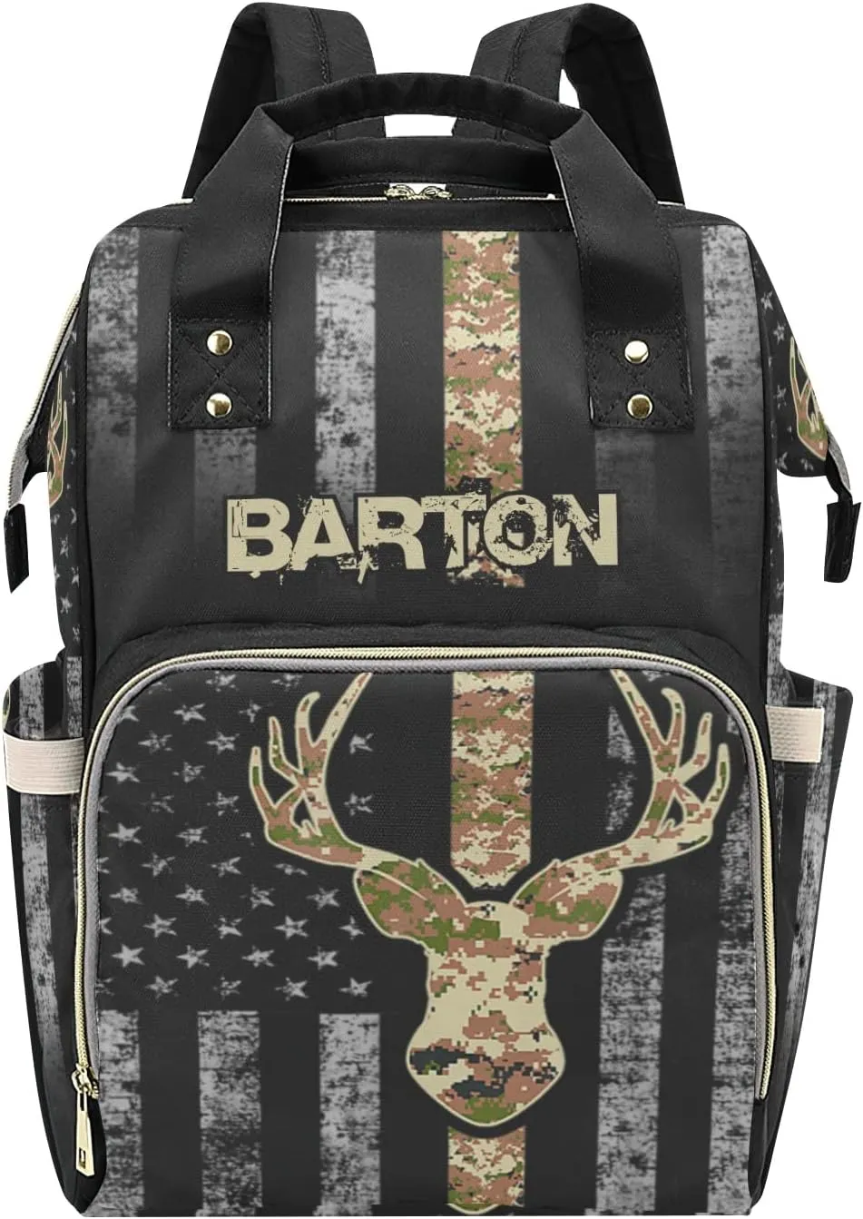 Custom Diaper Bag Backpack - Camo Flag Deer Black Baby Girl Diaper Bag Backpack for Dad Boy Men with Name
