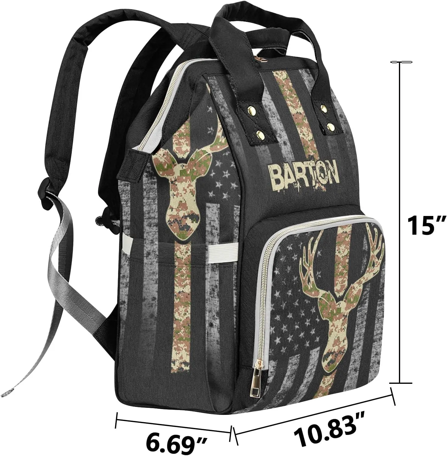 Custom Diaper Bag Backpack - Camo Flag Deer Black Baby Girl Diaper Bag Backpack for Dad Boy Men with Name