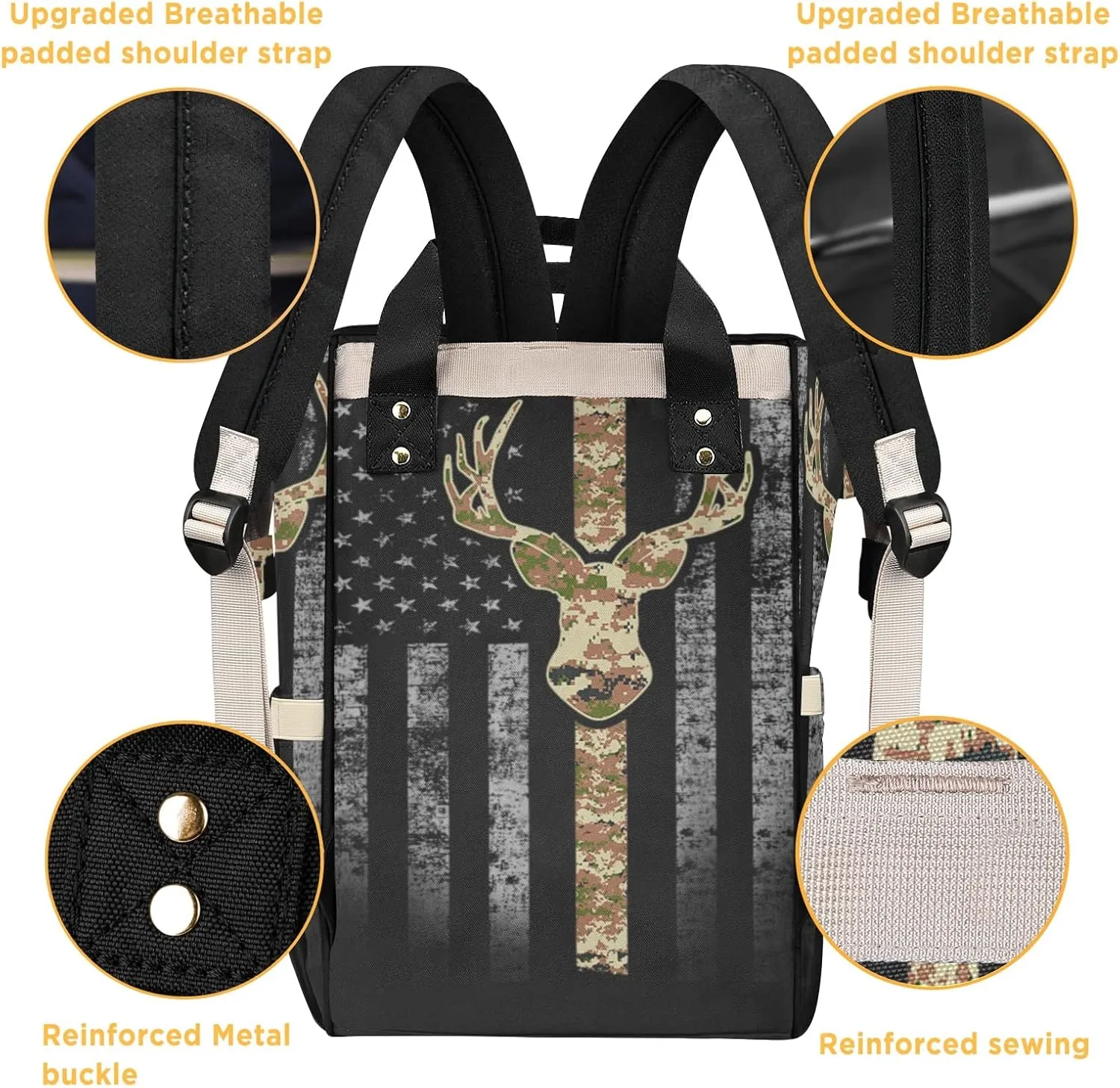 Custom Diaper Bag Backpack - Camo Flag Deer Black Baby Girl Diaper Bag Backpack for Dad Boy Men with Name