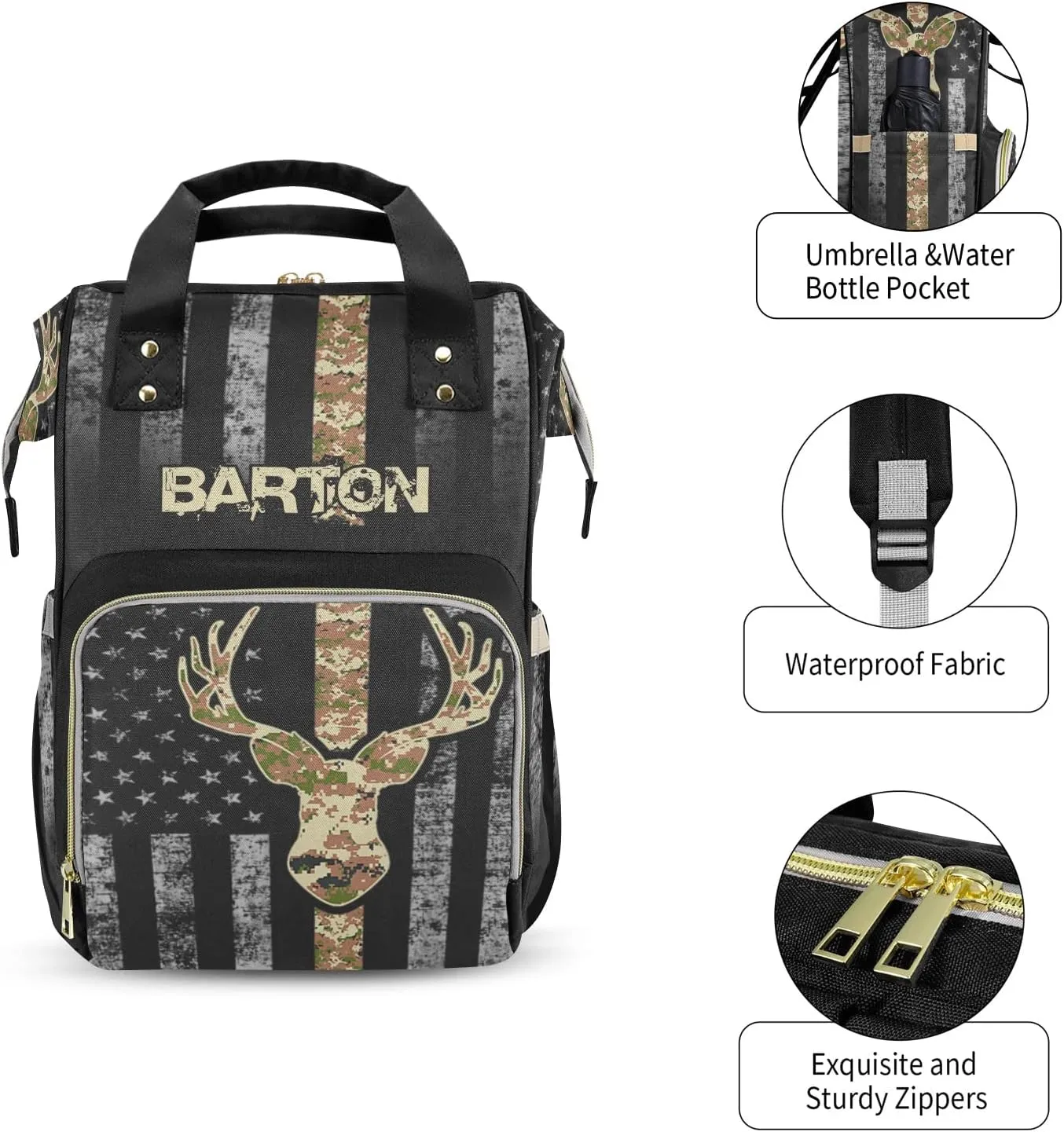 Custom Diaper Bag Backpack - Camo Flag Deer Black Baby Girl Diaper Bag Backpack for Dad Boy Men with Name