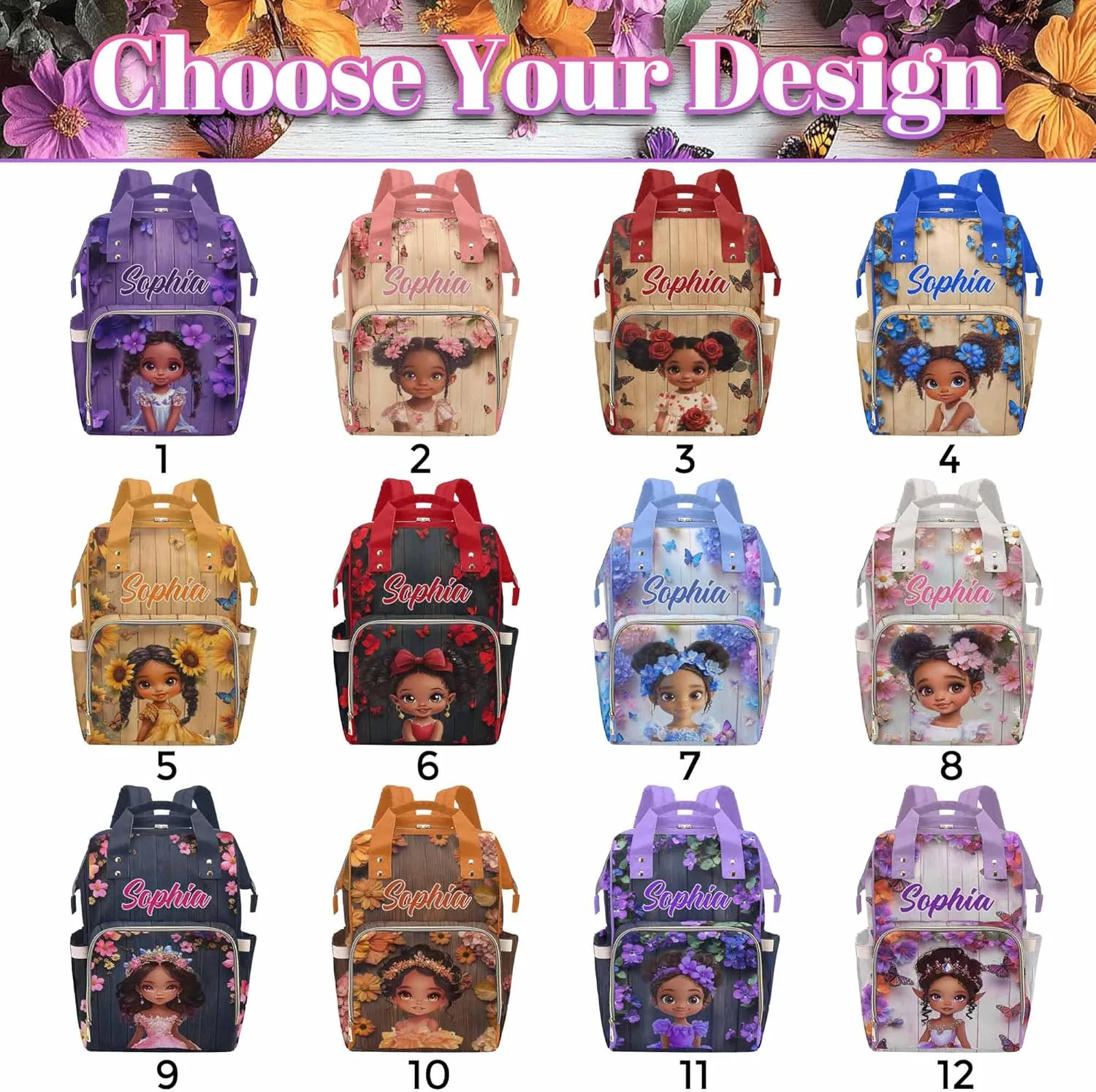 Custom Made Diaper Bags for Men Women, Customized Lovely Girl Purple Diaper Bags Personalized Mommy Nursing Shoulder Casual Daypack forWomen