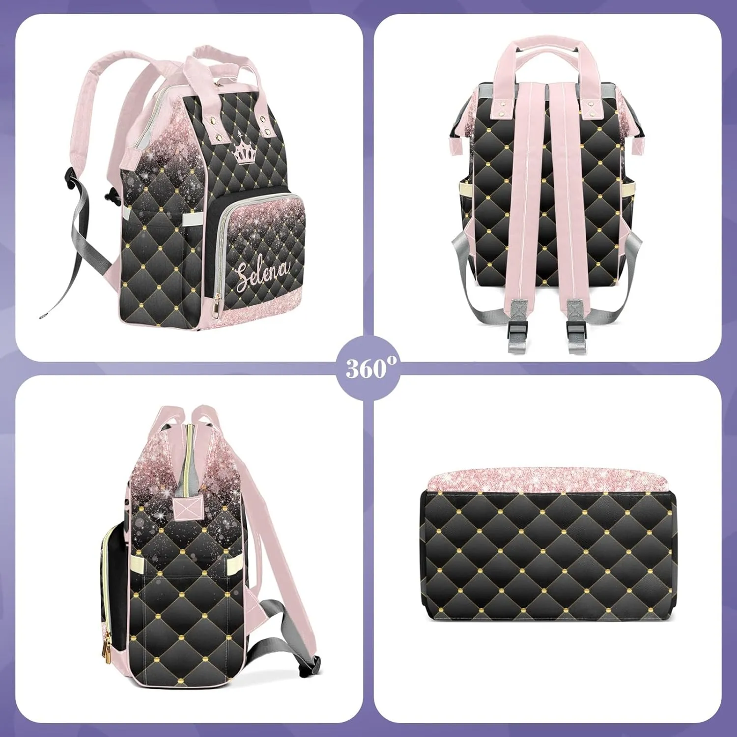 Customizable Large Capacity Diaper Bag Personalized Name, Waterproof Multi-Function Mommy Bag with Thermal Pockets for Girls and Boys-princess