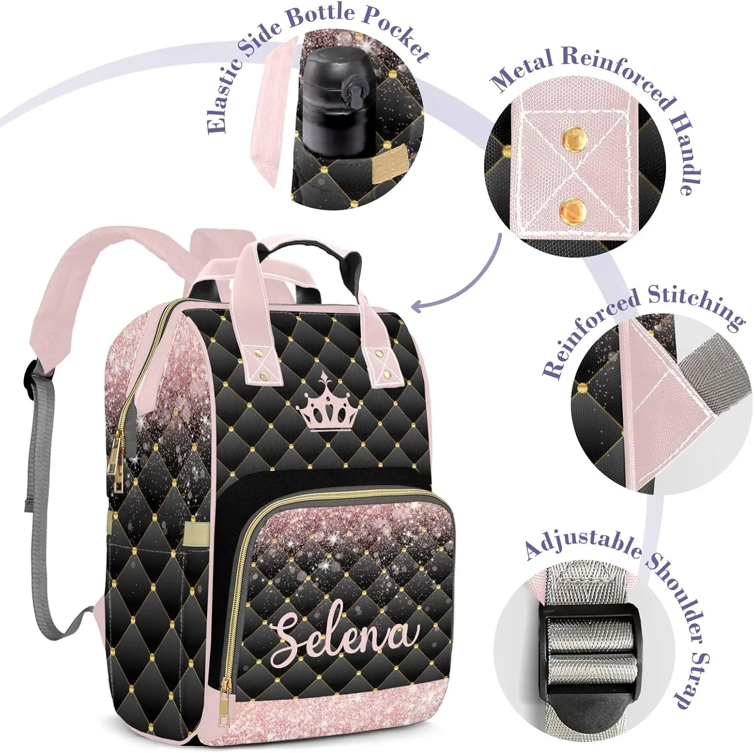 Customizable Large Capacity Diaper Bag Personalized Name, Waterproof Multi-Function Mommy Bag with Thermal Pockets for Girls and Boys-princess