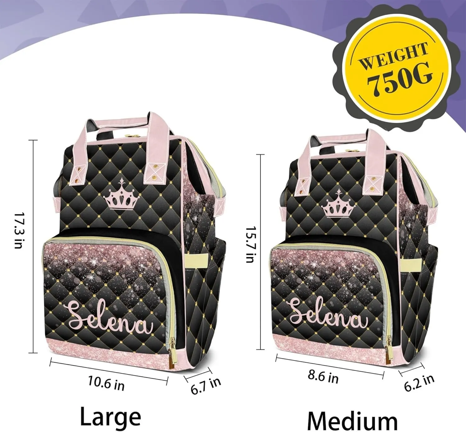 Customizable Large Capacity Diaper Bag Personalized Name, Waterproof Multi-Function Mommy Bag with Thermal Pockets for Girls and Boys-princess
