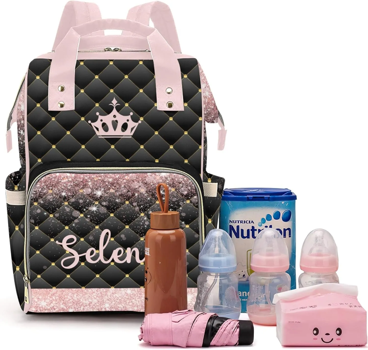Customizable Large Capacity Diaper Bag Personalized Name, Waterproof Multi-Function Mommy Bag with Thermal Pockets for Girls and Boys-princess